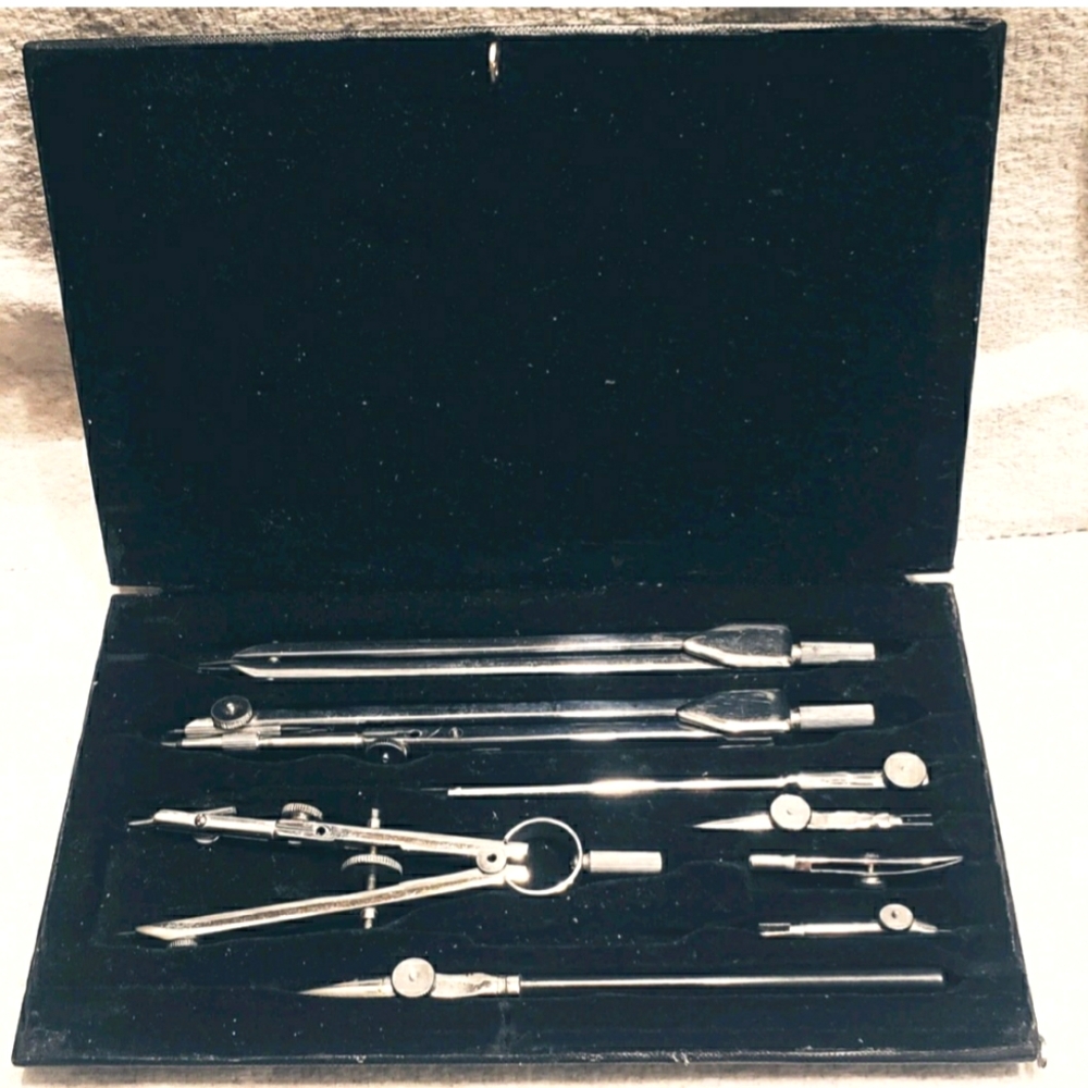 Vintage Architect's Drawing Set In Leather Case Engineer Drafting Mechanical